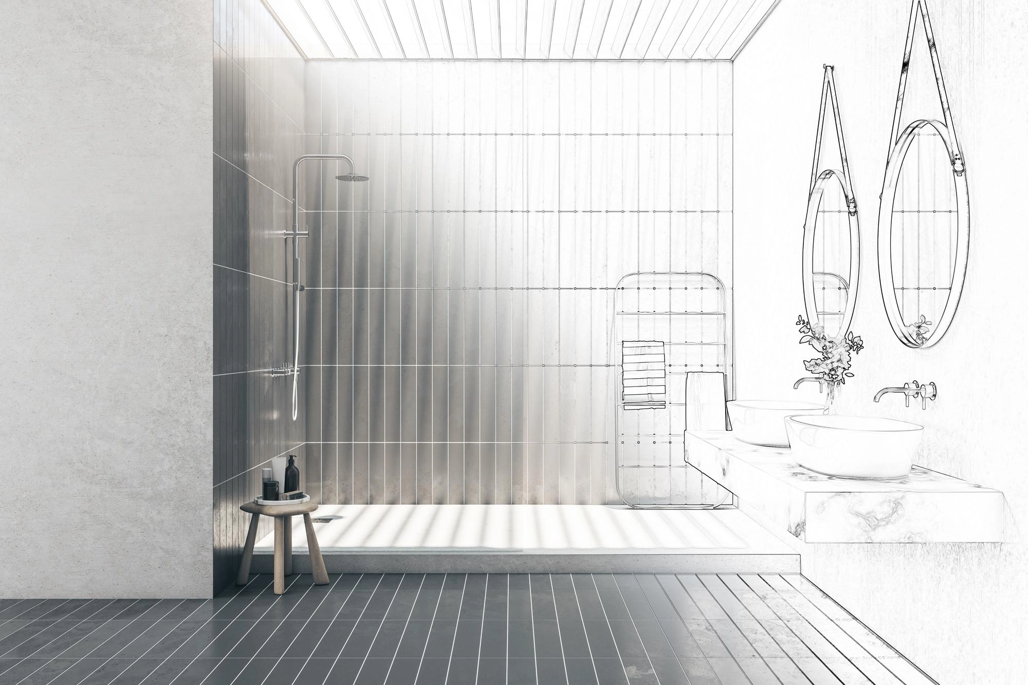  hand drawn sketch of bathroom interior